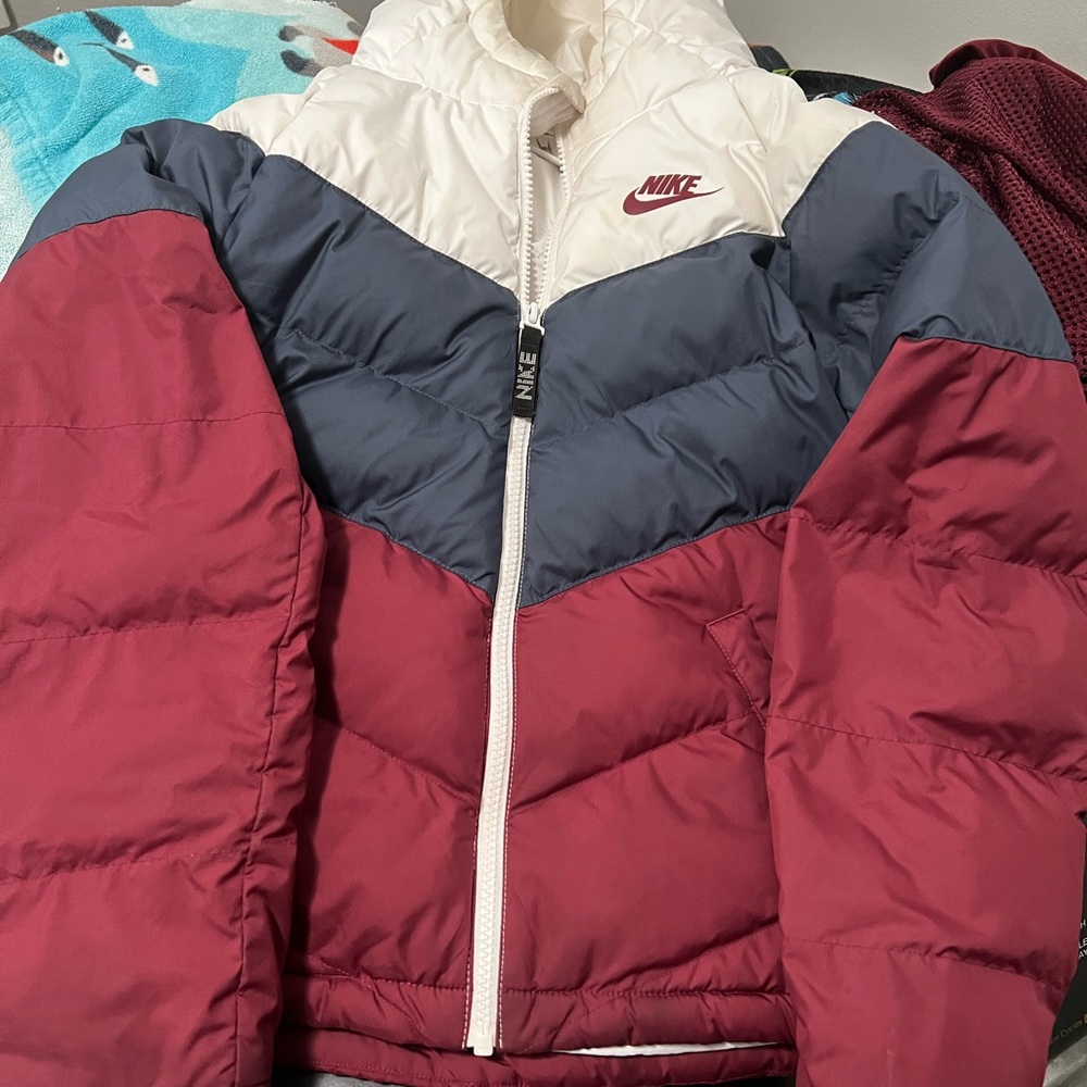 Nike Color Block Puffer Jacket in Cream, Navy, and Burgundy